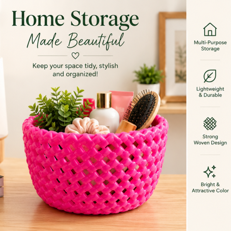 Pink Woven Storage Basket – Small Round Organizer (10 cm)
