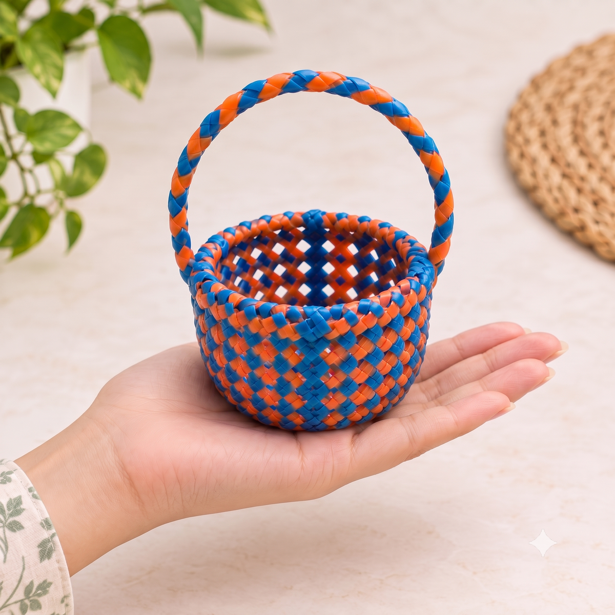 Handwoven Mini Basket with Handle – Colorful Gift & Décor Basket (Set of 1)