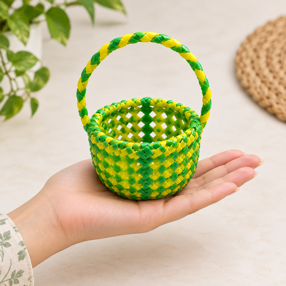 Handwoven Mini Basket with Handle – Colorful Gift & Décor Basket (Set of 1)