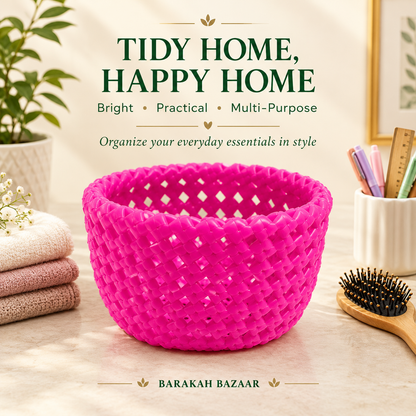 Pink Woven Storage Basket – Small Round Organizer (10 cm)